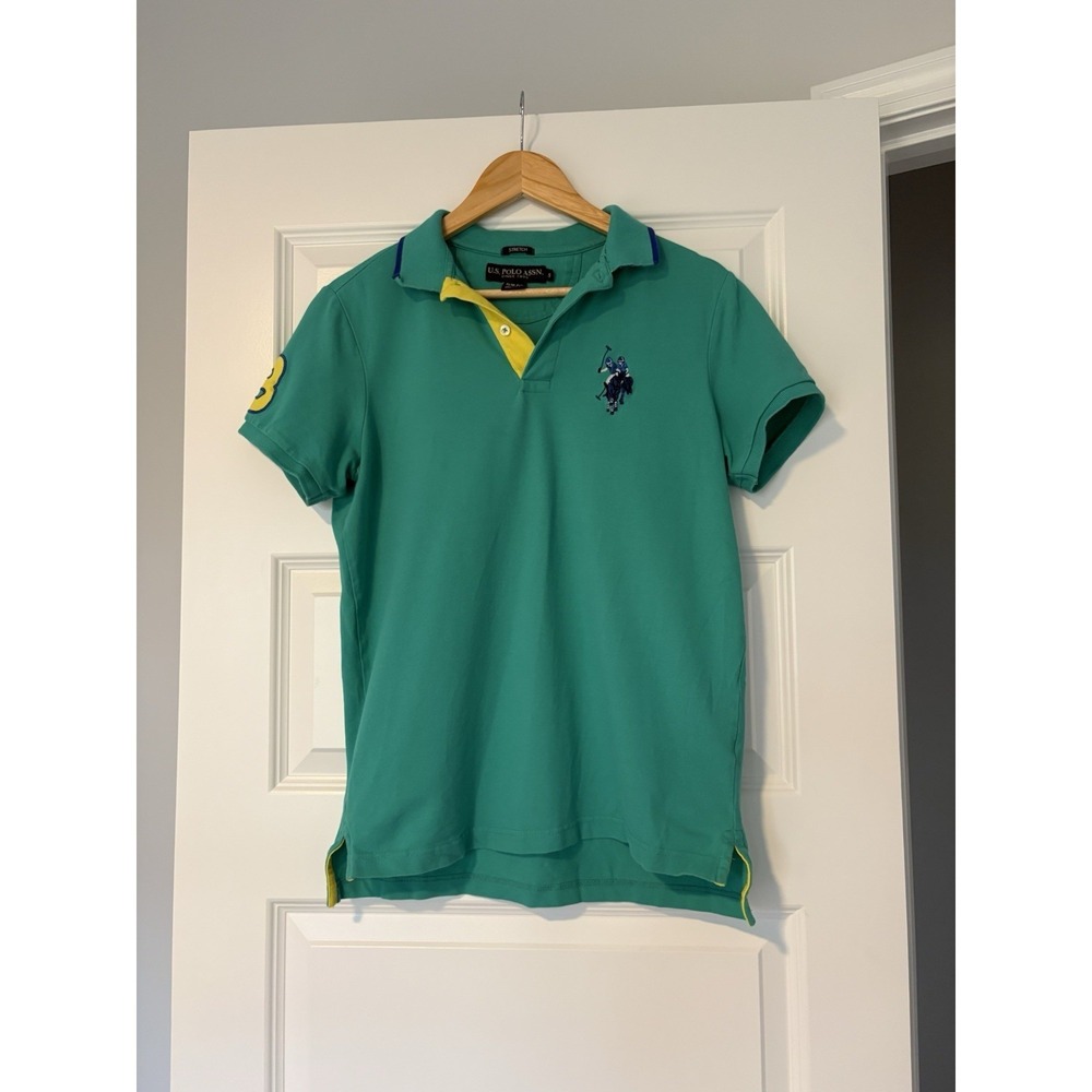 U.S. Polo Assn. Men's Slim Fit Stretch Polo Shirt Green Yellow Size Small